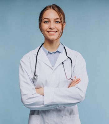 Woman doctor wearing lab coat with stethoscope isolated Woman doctor wearing lab coat with stethoscope isolated